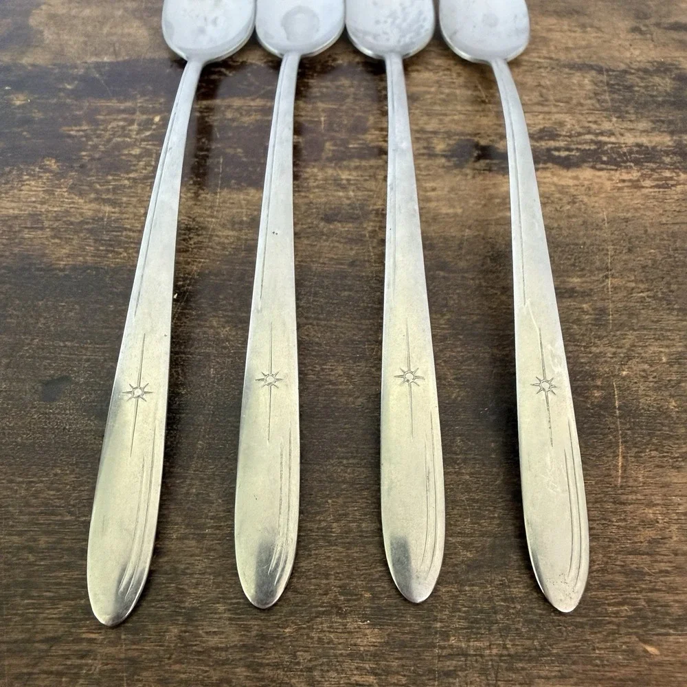 4 Vintage EVR1 Everlasting Stainless USA Ice Tea Spoons Starburst Atomic Stars